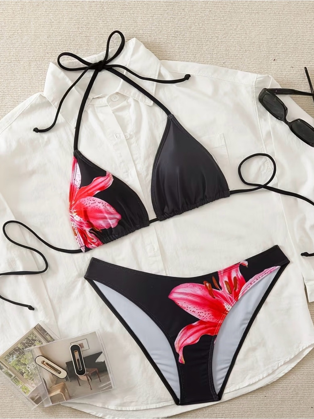 Black Bikini Set with Pink Floral Accent